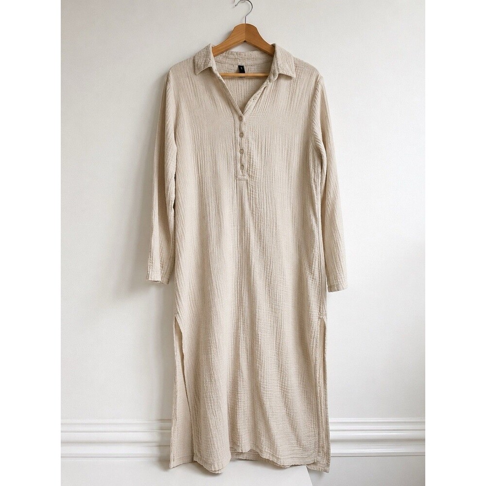 Venti6 Beige Cotton Gauze Maxi Dress Italian Boho Long Sleeve Cottagecore